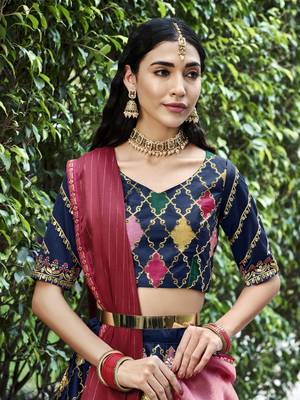 Glamorous Navy Blue Colored Thread & Sequins Embroidered Silk Lehenga choli with Pink Chinon Fabric Dupatta 2