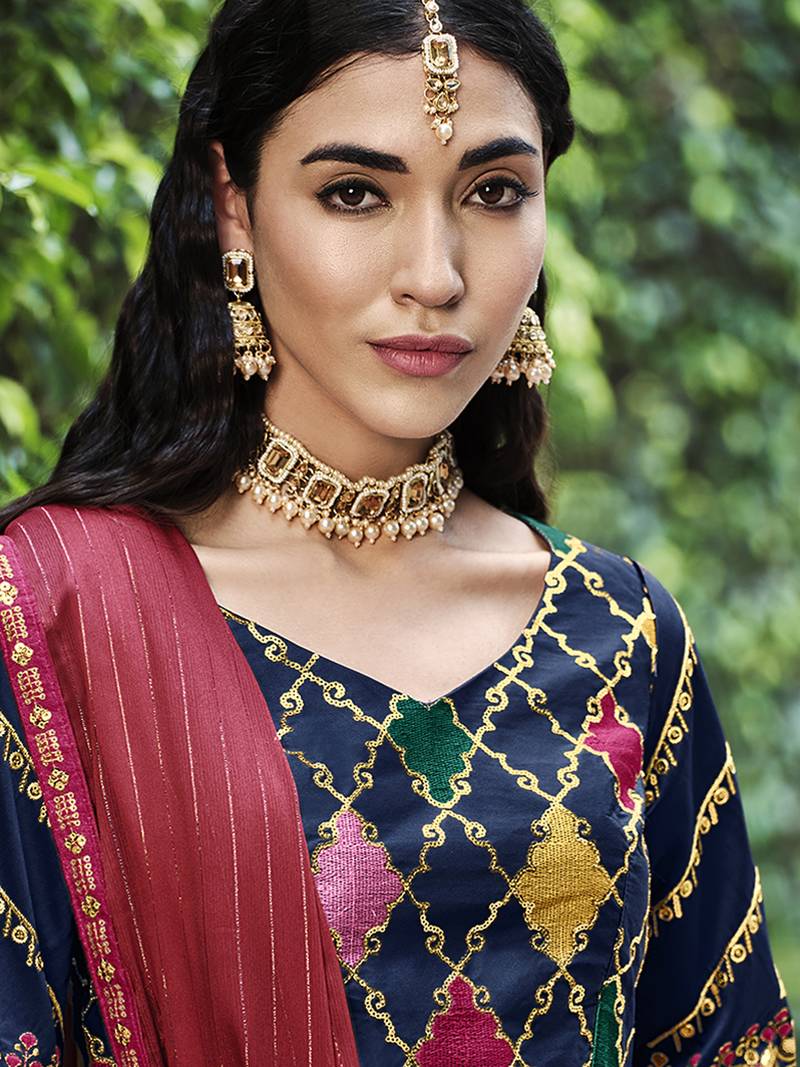 Glamorous Navy Blue Colored Thread & Sequins Embroidered Silk Lehenga choli with Pink Chinon Fabric Dupatta