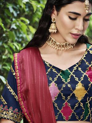 Glamorous Navy Blue Colored Thread & Sequins Embroidered Silk Lehenga choli with Pink Chinon Fabric Dupatta 4