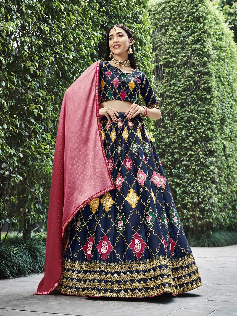 Glamorous Navy Blue Colored Thread & Sequins Embroidered Silk Lehenga choli with Pink Chinon Fabric Dupatta