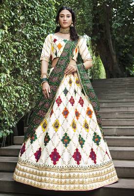 Delightful White Colored Thread & Sequins Embroidered Silk Lehenga choli with Green Gajji Silk Fabric Dupatta 1