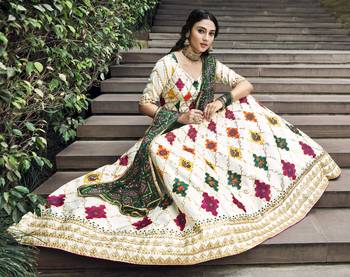 Delightful White Colored Thread & Sequins Embroidered Silk Lehenga choli with Green Gajji Silk Fabric Dupatta 4
