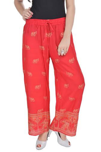 Red Jaipuri Gold Print Cotton Palazzo