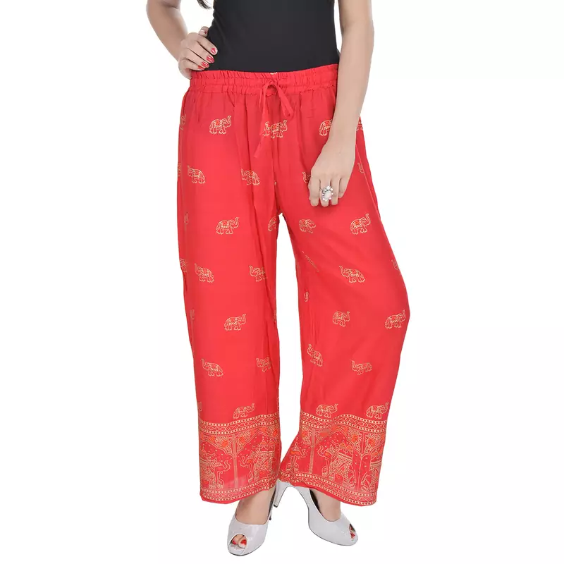 Red Jaipuri Gold Print Cotton Palazzo