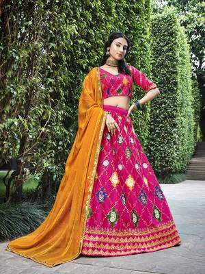 Seductive Rani Pink Colored Thread & Sequins Embroidered Silk Lehenga choli with Mustared Yellow Georgette Dupatta 1