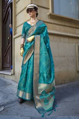 Teal Organza Silk Zari Weaving Border And Rich Pallu Saree With Blouse For Women 1