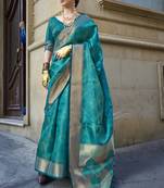 Teal Organza Silk Zari Weaving Border And Rich Pallu Saree With Blouse For Women