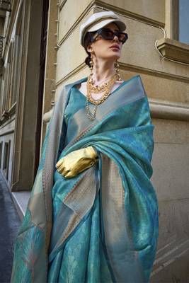 Teal Organza Silk Zari Weaving Border And Rich Pallu Saree With Blouse For Women 2