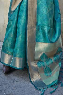 Teal Organza Silk Zari Weaving Border And Rich Pallu Saree With Blouse For Women 3
