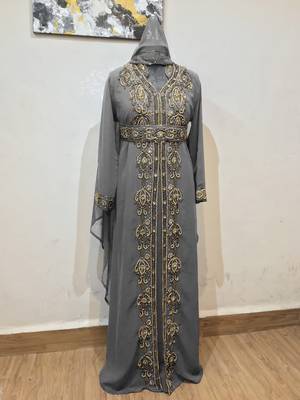 Grey color Full Sleeves Handmade Moroccan Kaftan 1