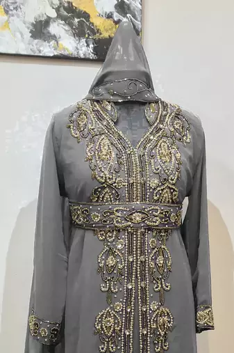 Grey color Full Sleeves Handmade Moroccan Kaftan
