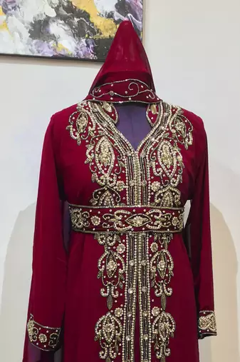 Maroon color Full Sleeves Handmade Moroccan Kaftan