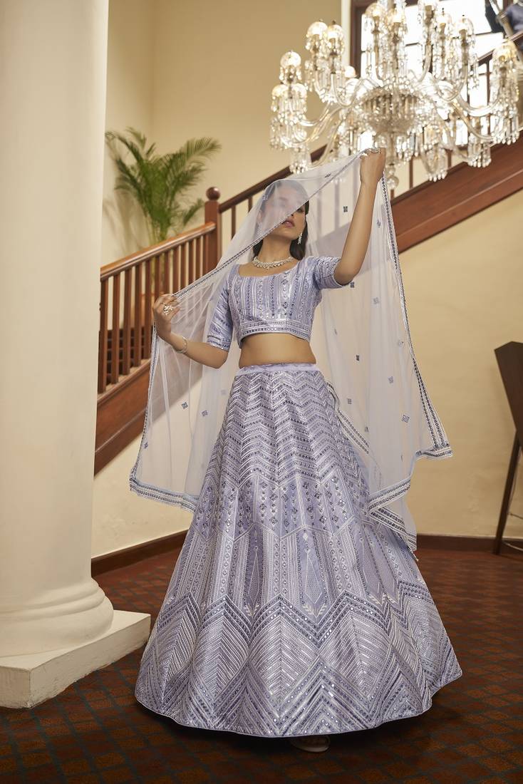 Lavender Silk Semi-Stitched Lehenga Choli Set With DUpatta