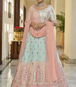 Mesmerizing Sky-Peach Thread and Sequince Embroidered with mirror work  Art Silk Lehenga choli