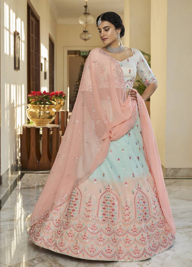 Mesmerizing Sky-Peach Thread and Sequince Embroidered with mirror work  Art Silk Lehenga choli