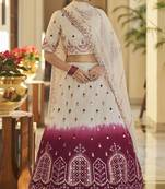 Beige-Maroon Thread And Sequins Embroidered With Mirror Work Art Silk Lehenga Choli For Bride