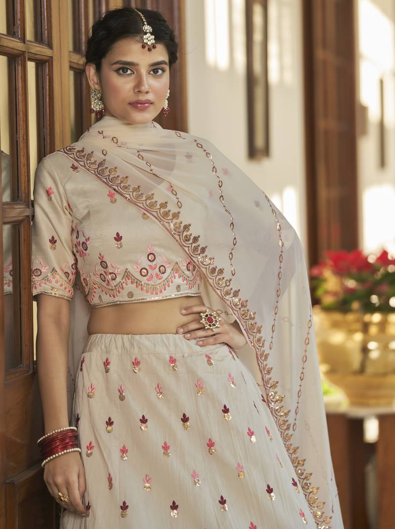 Beige-Maroon Thread And Sequins Embroidered With Mirror Work Art Silk Lehenga Choli For Bride
