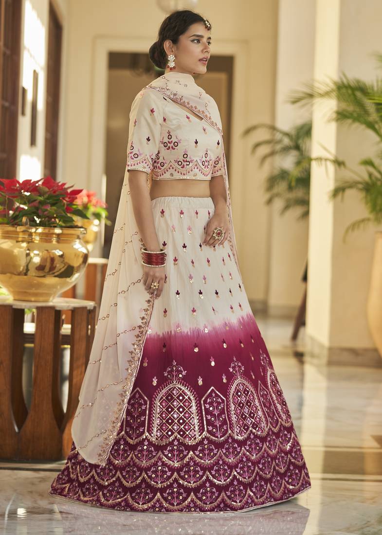 Beige-Maroon Thread And Sequins Embroidered With Mirror Work Art Silk Lehenga Choli For Bride