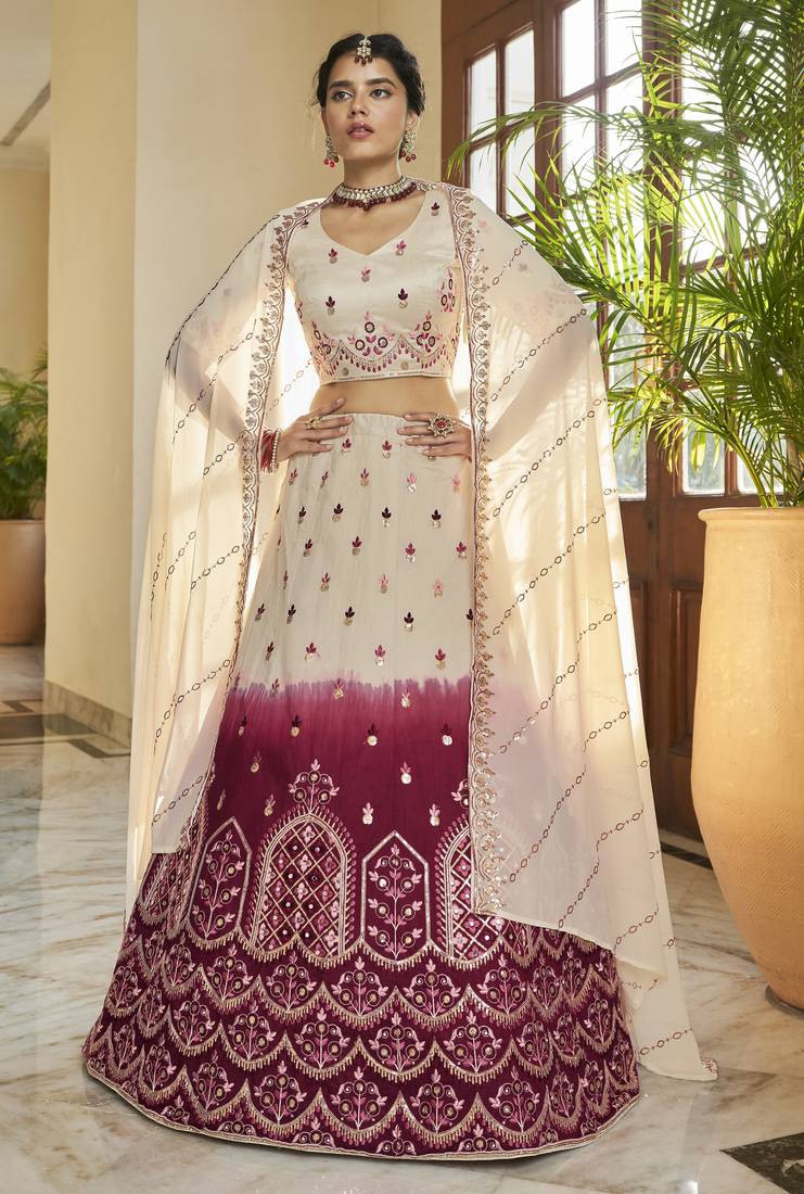 Beige-Maroon Thread And Sequins Embroidered With Mirror Work Art Silk Lehenga Choli For Bride