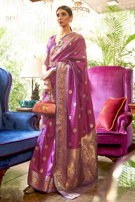 Purple kanjivaram silk blend zari Weaving Borde And Pallu Saree With Blouse For Women 1