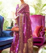 Purple kanjivaram silk blend zari Weaving Borde And Pallu Saree With Blouse For Women