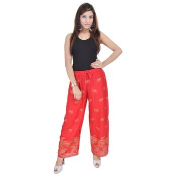 Red Jaipuri Gold Print Cotton Palazzo 3