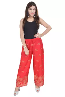 Red Jaipuri Gold Print Cotton Palazzo