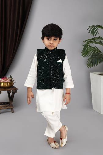  Off white kurta and churidar Green embroidery Nehru jacket