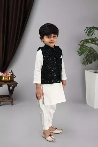  Off white kurta and churidar Green embroidery Nehru jacket