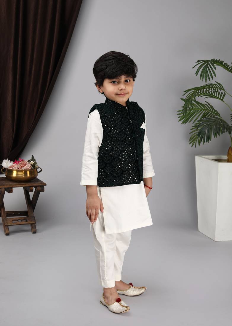  Off white kurta and churidar Green embroidery Nehru jacket