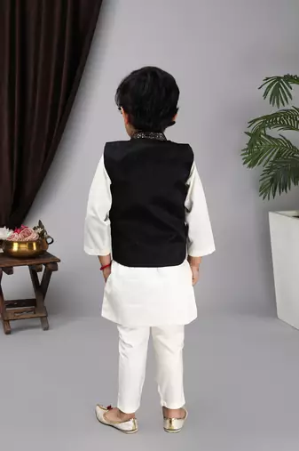  Off white kurta and churidar Green embroidery Nehru jacket