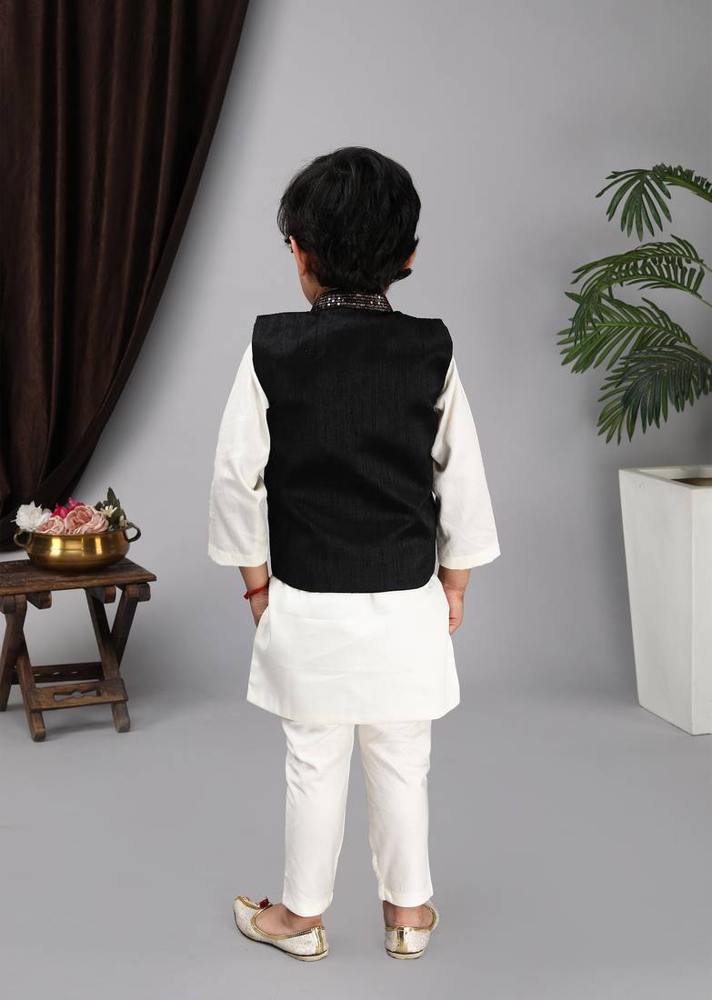  Off white kurta and churidar Green embroidery Nehru jacket