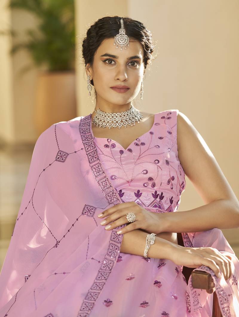  Dusty Pink-Purple Thread And Sequince Embroidered With Mirror Work Art Silk Lehenga Choli For Party