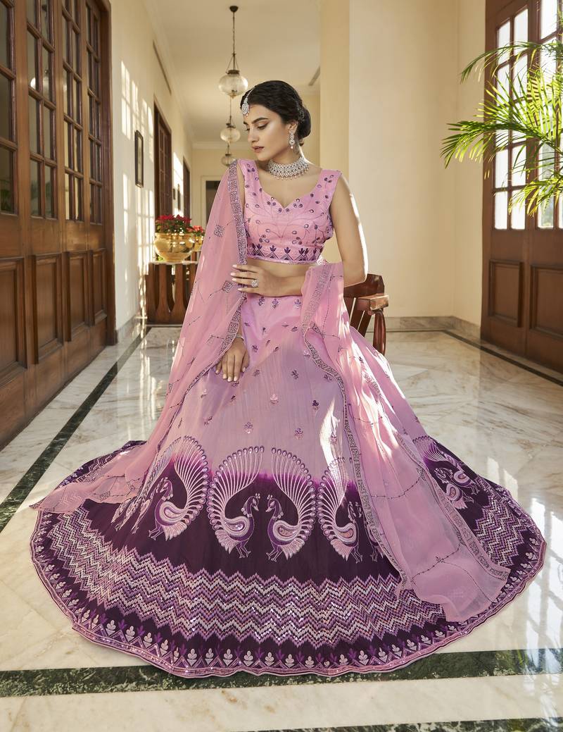  Dusty Pink-Purple Thread And Sequince Embroidered With Mirror Work Art Silk Lehenga Choli For Party