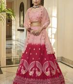 Peach-Deep Pink Thread And Sequins Embroidered With Mirror Work Art Silk Lehenga Choli For Festive