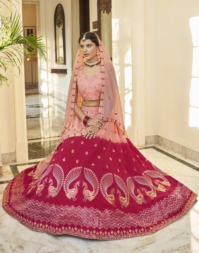 Peach-Deep Pink Thread And Sequins Embroidered With Mirror Work Art Silk Lehenga Choli For Festive