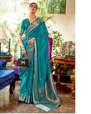 Teal kanjivaram silk blend zari Weaving Borde And Pallu Saree With Blouse For Women 1