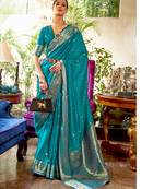Teal kanjivaram silk blend zari Weaving Borde And Pallu Saree With Blouse For Women