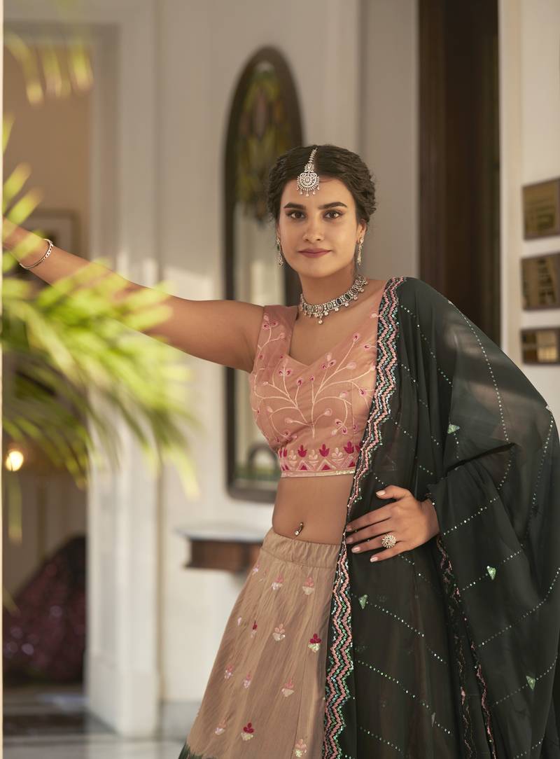 Fetching Rust Orange-Green Thread And Sequince Embroidered With Mirror Work Art Silk Designer Lehenga Choli 