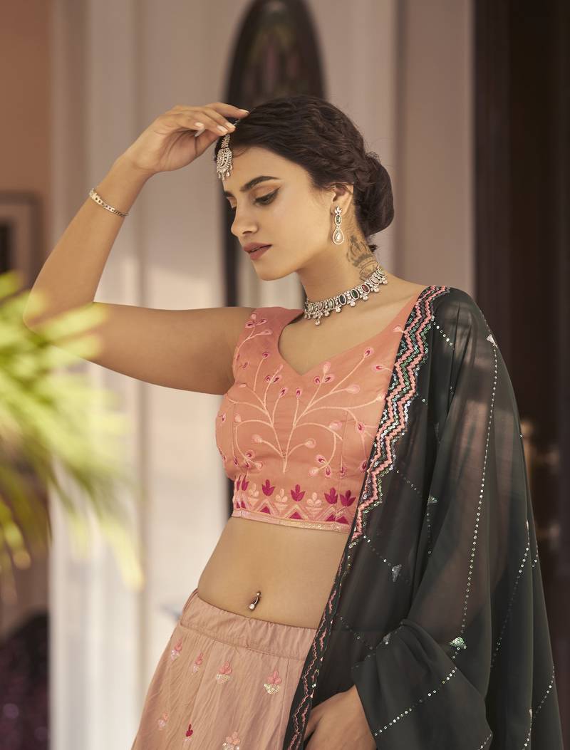 Fetching Rust Orange-Green Thread And Sequince Embroidered With Mirror Work Art Silk Designer Lehenga Choli 