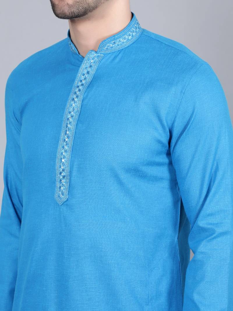 Sultan sky blue cotton blend embroidery kurta for men