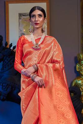 Orange Faux Kanjivaram Silk Gold Zari Weaving Border And Rich Pallu Saree With Blouse For Women  2