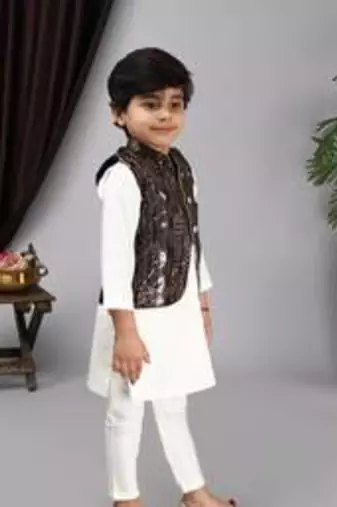 Black nehru jacket off white kurta and chudidar