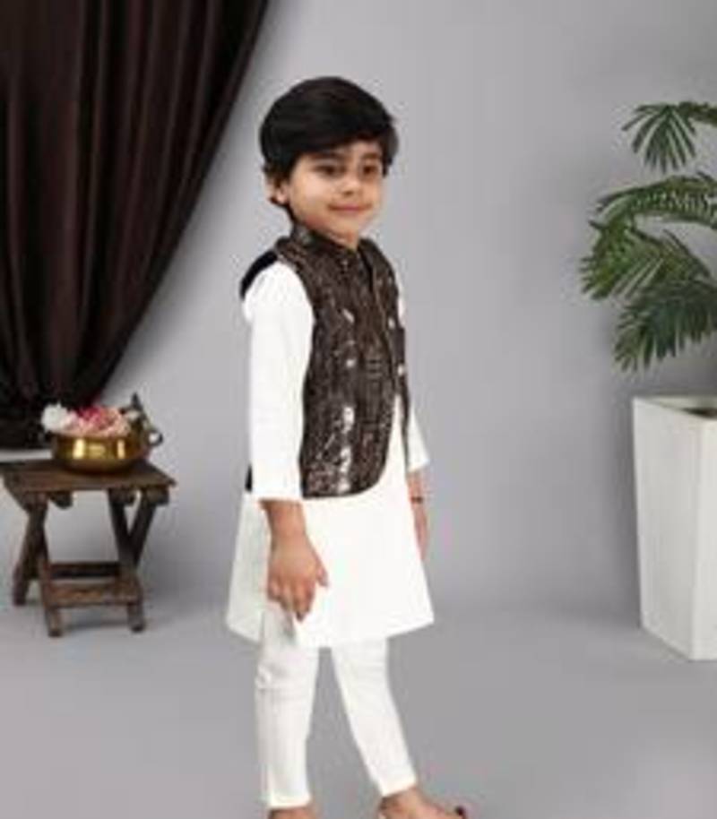 Black nehru jacket off white kurta and chudidar