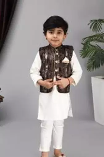 Black nehru jacket off white kurta and chudidar