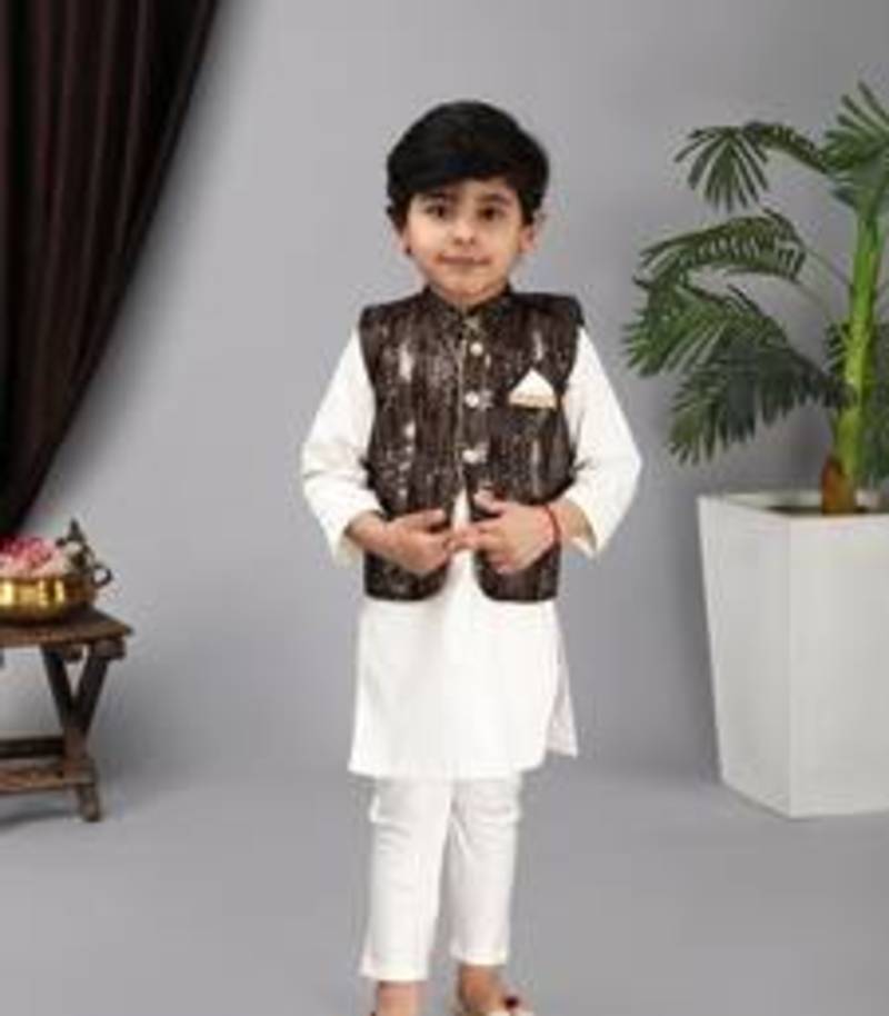 Black nehru jacket off white kurta and chudidar
