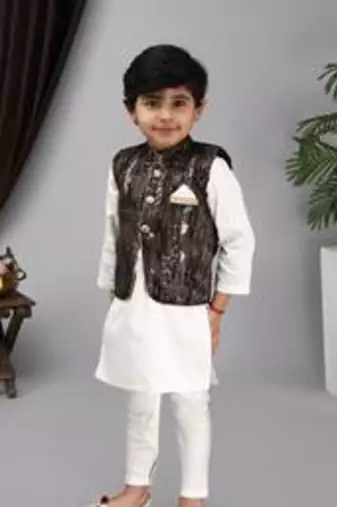 Black nehru jacket off white kurta and chudidar
