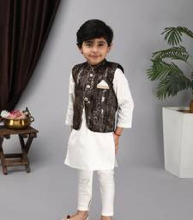 Black nehru jacket off white kurta and chudidar