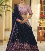 Glamorous Dusty pink-Navy Blue Thread and Sequins Embroidered with mirror work  Art Silk Party wear Lehenga choli 