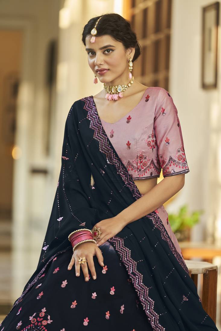 Glamorous Dusty pink-Navy Blue Thread and Sequins Embroidered with mirror work  Art Silk Party wear Lehenga choli 